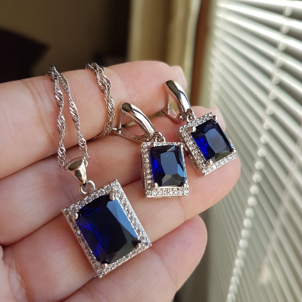 Swarovski Elements 925 Sterling Silver Emerald-cut Blue Pendant Necklace NEW - Picture 14 of 17